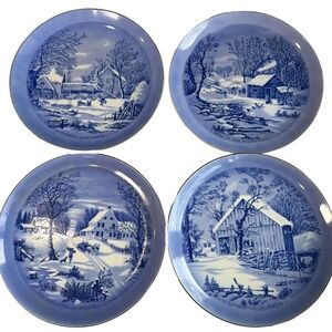 Set of 4 Currier & Ives Blue and White Collector Plates, Homestead Winter Scenes